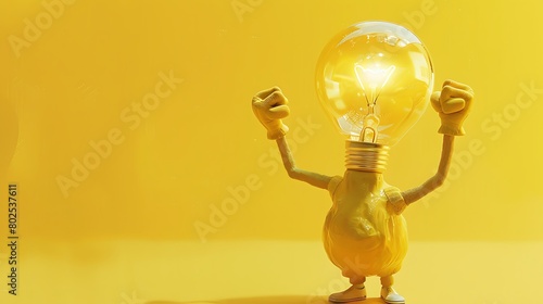 An intriguing and surreal depiction of a bulb-headed being jubilantly raising fists in celebration of a cashback win, set against a yellow backdrop photo