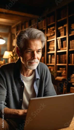 Thoughtful Senior Man Engaged in Study Within a Warmly Lit Book-Filled Study - AI Generated Digital