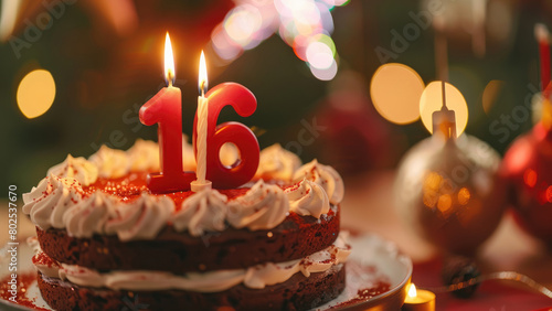 Elegant Illumination: Festive Decorative Candle "16" on a Birthday Cake