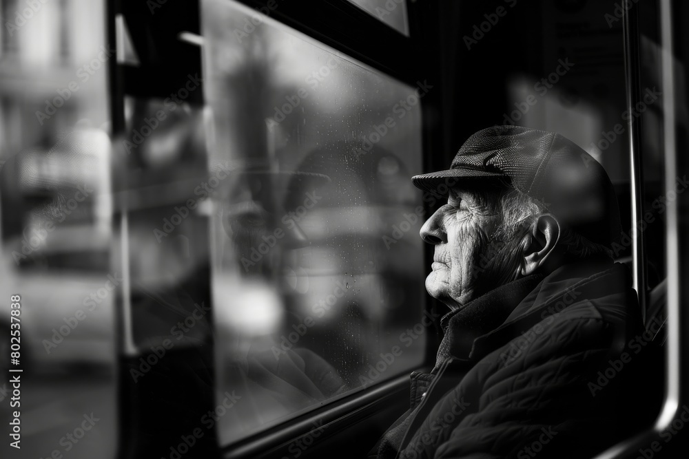 A passenger on a bus with face blurred out, revealing only the silhouette in a monochrome setting