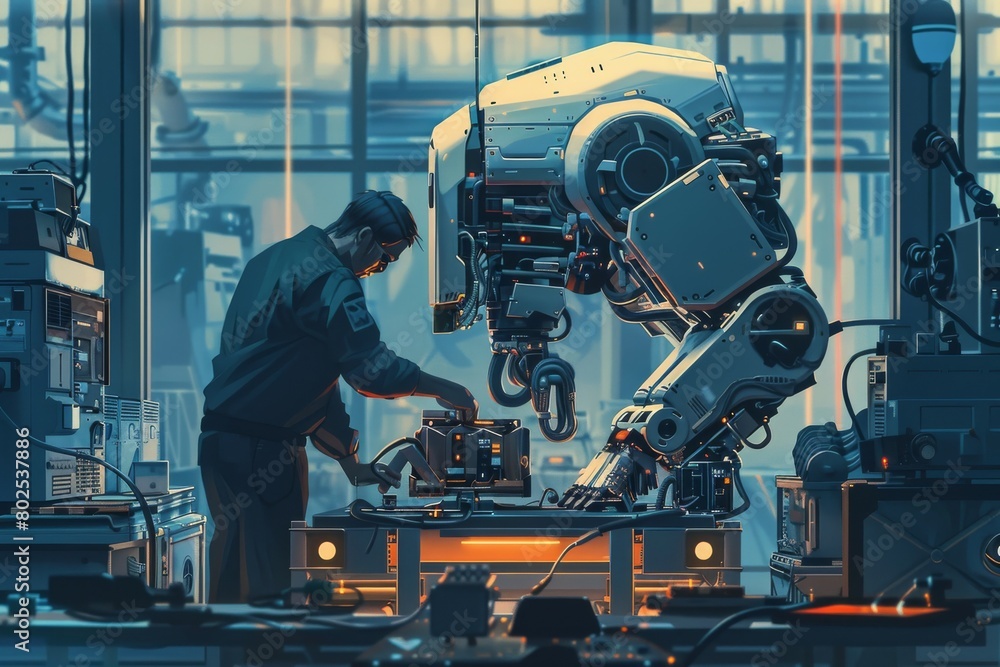 Fototapeta premium In high-tech facility, a male specialist in robotics develop innovative AI-driven robots, utilizing machine learning for an industry 4.0. 