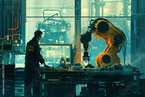 In high-tech facility, a male specialist in robotics develop innovative AI-driven robots, utilizing machine learning for an industry 4.0. 