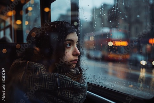 A pensive young woman gazes through a rain-spattered window on a city bus