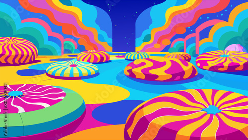Large plush floor pillows in vibrant patterns and bright colors cover the floor inviting patients to relax and sink into the psychedelic experience..
