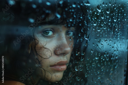 A close-up of a young woman's face seen through a rain-soaked glass window