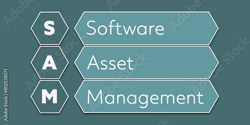 SAM Software Asset Management. An Acronym Abbreviation of a financial term. Illustration isolated on cyan blue green background