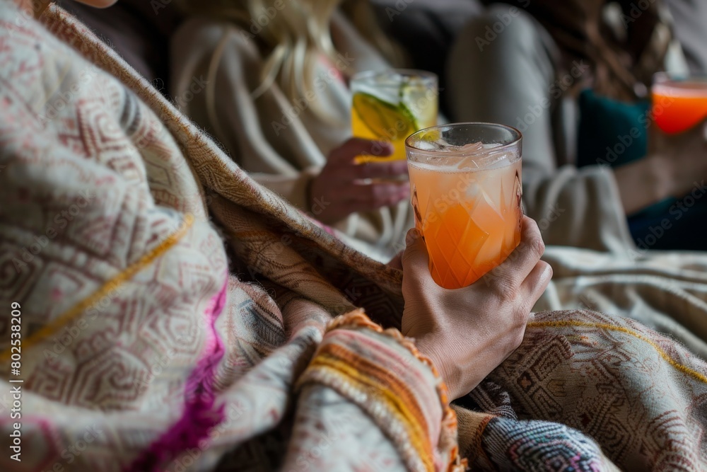 Two people under a blanket holding warm drinks, creating a cozy and comfortable winter atmosphere Two people under a blanket holding warm drinks, creating a cozy and comfortable winter atmosphere