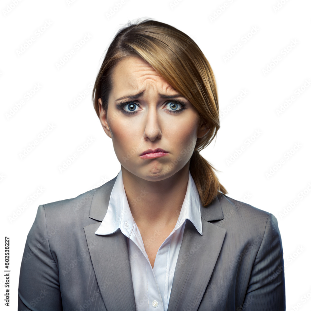 Worried Businesswoman Expressing Concern in Professional Attire Against a Transparent Background Worried Businesswoman Expressing Concern in Professional Attire Against a Transparent Background