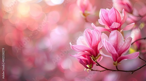 Pink flowers on a branch with copyspace. The image has a soft  romantic feel to it