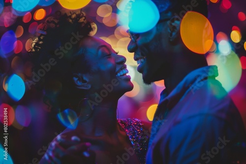Silhouette of a couple dancing together at a party, surrounded by vibrant bokeh light effects