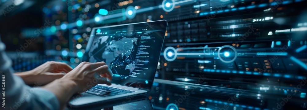 IT specialist in data center uses laptop and PC to analyze effectiveness data protection develop software solutions to improve security information in cloud storage. Futuristic lines and illustration