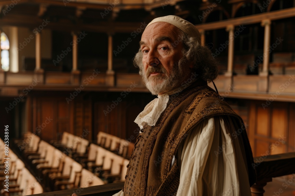 Naklejka premium A meticulously dressed man in colonial attire stands proudly in a vintage, historic hall, embodying the spirit and fashion of a bygone era