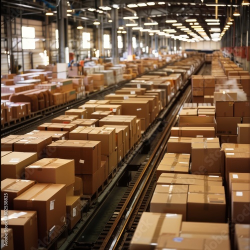 Photo of Tons of boxes in shipping facility on track moving to trucks.