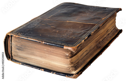 Old leather-bound book isolated on black with weathered texture isolated on transparent background photo