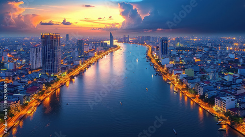 cityscape at twilight. Skyscrapers tower over the river