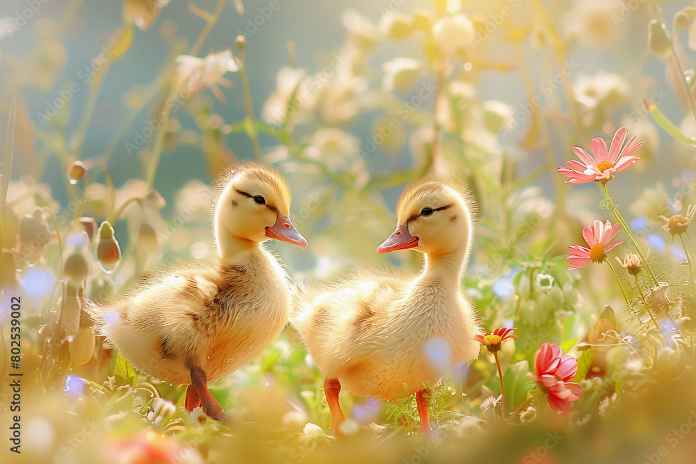 A pair of fluffy ducklings waddling through a field filled with bright Easter flowers. A pair of fluffy ducklings waddling through a field filled with bright Easter flowers.
