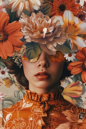 Female surreal art poster with flowers, abstract living room woman concept art for print