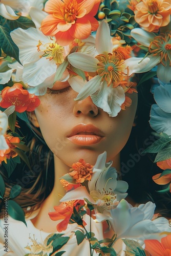 Female surreal art poster with flowers, abstract living room woman concept art for print