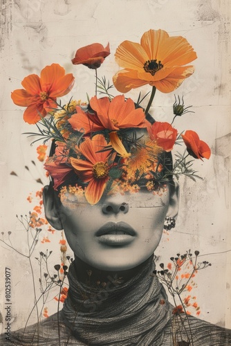 Female surreal art poster with flowers, abstract living room woman concept art for print