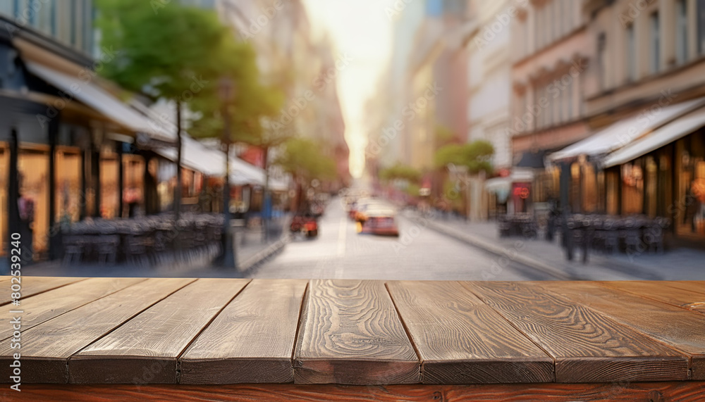 The empty wooden table top with blur background of street in downtown business district with people walking. Exuberant image