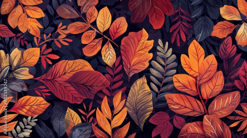 A handdrawn illustration of a forest floor featuring leaves in shades of maroon orange and mustard.. A handdrawn illustration of a forest floor featuring leaves in shades of maroon orange and mustard..