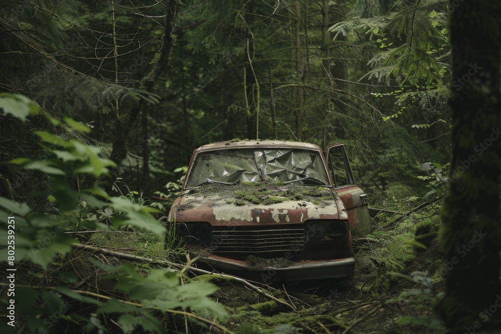 An old, rust-covered car lies abandoned and embraced by dense forest foliage in a serene natural environment