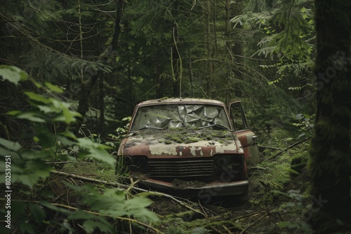 An old, rust-covered car lies abandoned and embraced by dense forest foliage in a serene natural environment © ChaoticMind