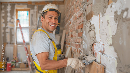 Happy latino construction worker wearing a hardhat working in a home, house renovation and builder concept photo