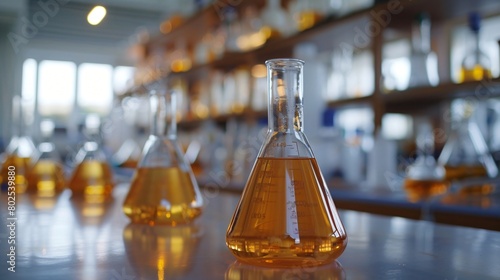Glass flasks with orange solutions in a chemical laboratory. Medical research, pharmaceutical discovery and science concept