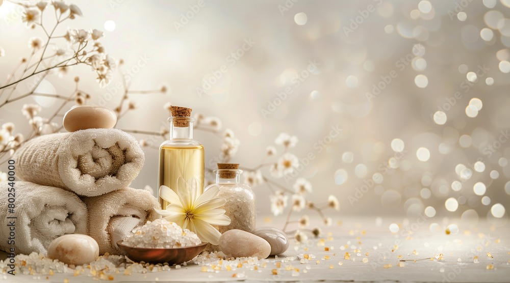 Beautiful spa background with towel, oil, salt and stone pile on light background, relaxation, spa and health theme with place for text or inscriptions