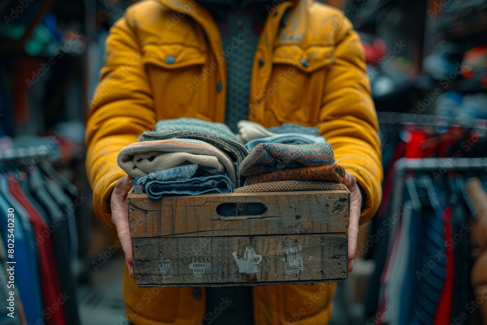 Person in yellow jacket holding a wooden box of outerwear and denim clothes