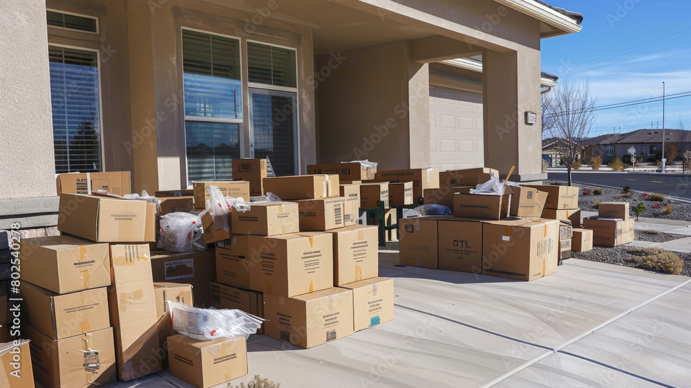 Photo of Tons of boxes on front porch of a stucco tract home. Photo of Tons of boxes on front porch of a stucco tract home.