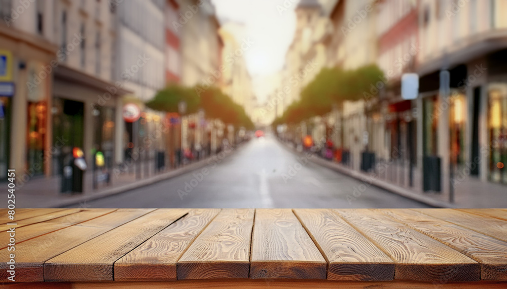 An empty wooden table with a blurred city street in the background.