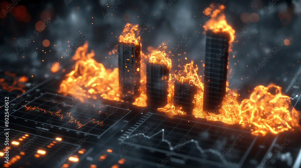 Black bar graph engulfed in flames and sparks, surrounded set against a dark background of digital financial charts Black bar graph engulfed in flames and sparks, surrounded set against a dark background of digital financial charts