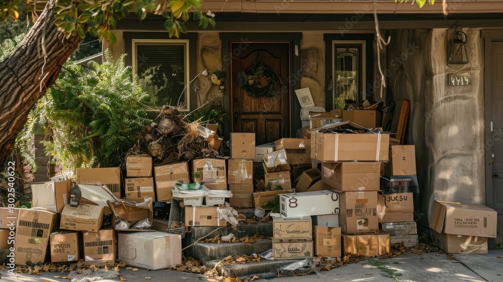 Photo of Tons of boxes on front porch of a stucco tract home. Photo of Tons of boxes on front porch of a stucco tract home.