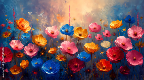 Digital painting of poppy flowers in blue and pink colors. Digital painting. © Nut Cdev