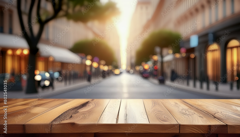 The empty wooden table top with blur background of street in downtown business district with people walking. Exuberant image