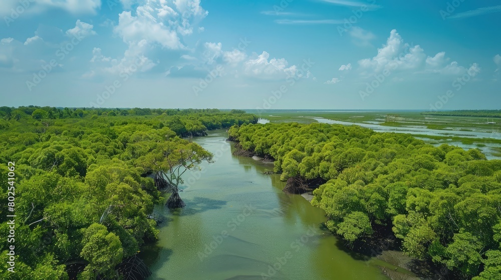 Sundarbans mangrove forest river trees sky view Sundarbans mangrove forest river trees sky view