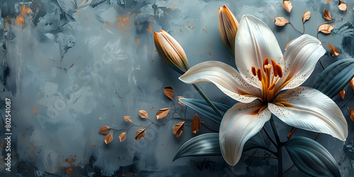 Sophisticated Lily Illustration on Grey Canvas with Cyan Accents - Contemporary Decoration photo