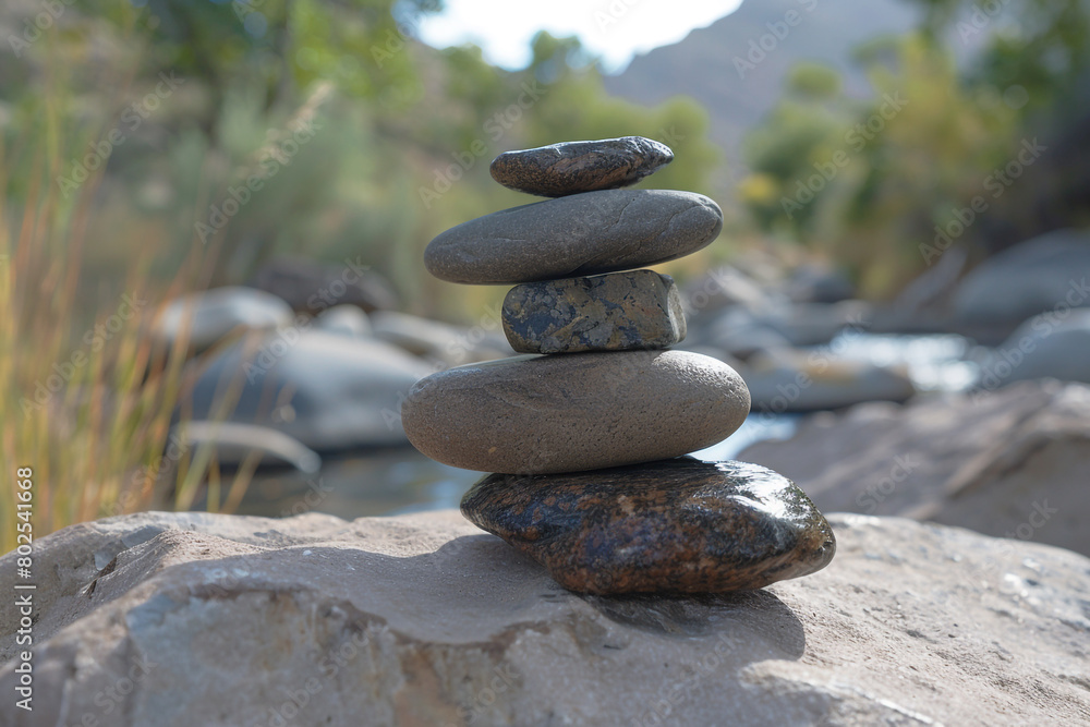A stack of smooth stones on a flat rock. A stack of smooth stones on a flat rock.