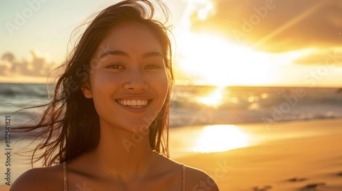 beautiful girl smiling happy on beach vacation enjoying warm sunshine. Mixed race Asian Caucasian pretty model outside with sun in background on Hawaiian tropical beach © Nijat