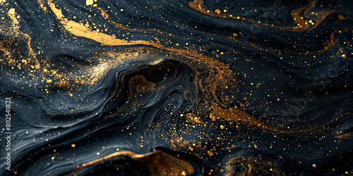 Golden metallic swirls dancing on a dark matte surface
