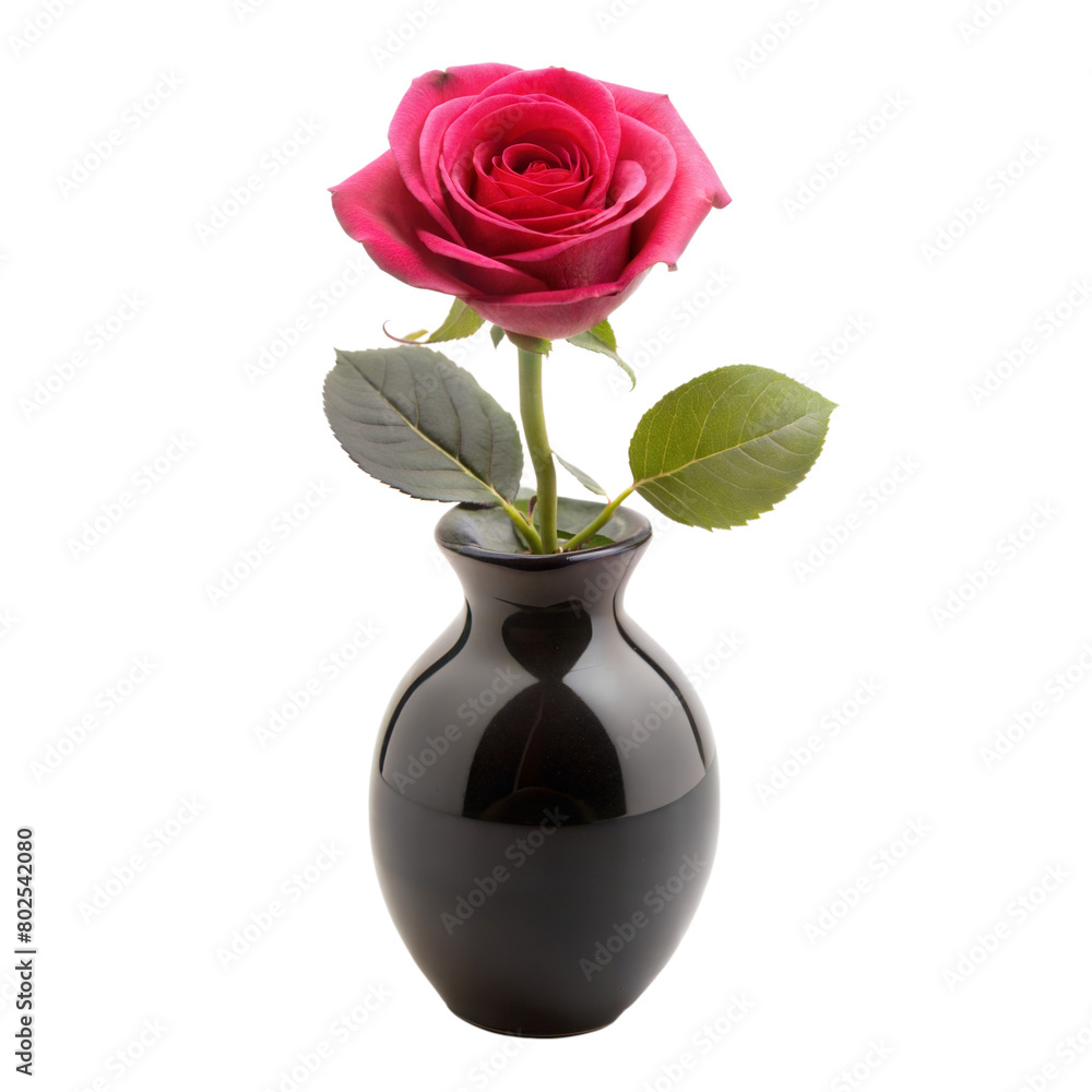 Fototapeta premium Single Red Rose in a Black Vase With a Transparent Background