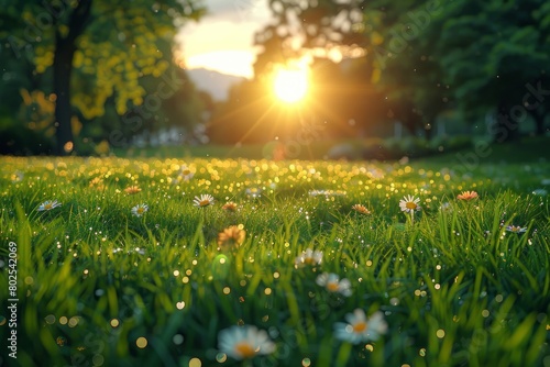 Sunlight filtering through trees onto grass and flowers in natural landscape