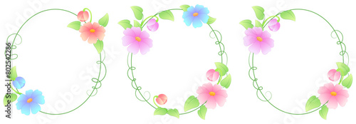 Vector set of beautiful decorative oval frames with multi-colored flowers, buds, leaves, climbing stems, and vines.