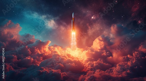 The rocket takes off from the planet. Colorful bright modern. Created with Generative AI.