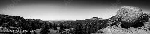 Panoramic view of a boulder at the trailhead parking lot to Bumpass Hell in Lassen Volcanic National Park  photo
