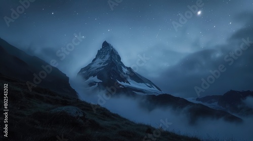Swiss night sky with foggy mountain © Ahtesham