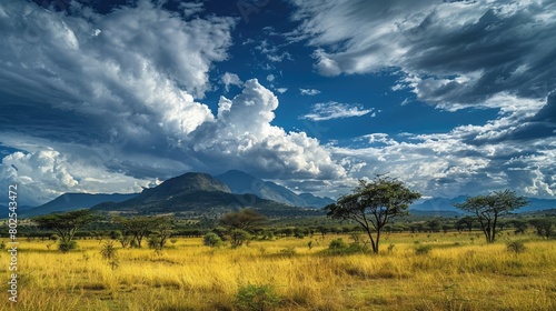 Tanzania vastland mountain field trees cloudy sky