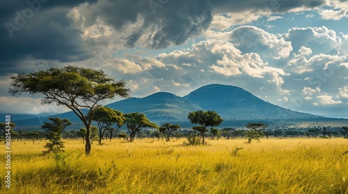 Tanzania vastland mountain field trees cloudy sky photo